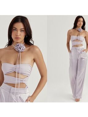 House of CB Lavender Strapless Cutout Satin Bodysuit with Rose Tie